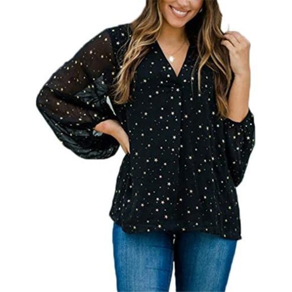 Womens V Neck Chiffon Blouses Casual Balloon Sleeve Floral Print Shirts Tops - Picture 10 of 10